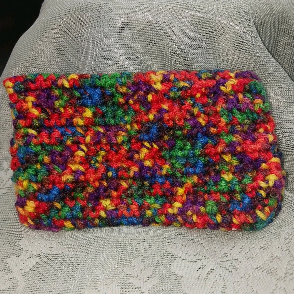 Handknit Crocheted RAINBOW Small organizer make up Bag Boho Hippie Cute Vintage